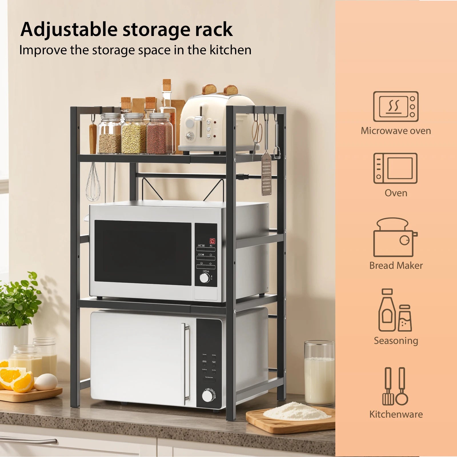 Kitchen Storage Rack Metal Condiment Organizer Shelf Expandable Microwave Shelf Height Adjustable.