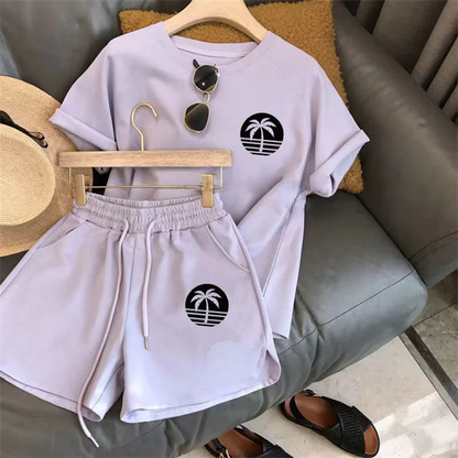 Women Tracksuit C Letter Print Short Sleeve T-shirt Drawstring Shorts Sport Suit Lady Exercise T-shirt Shorts Two-piece Suit.