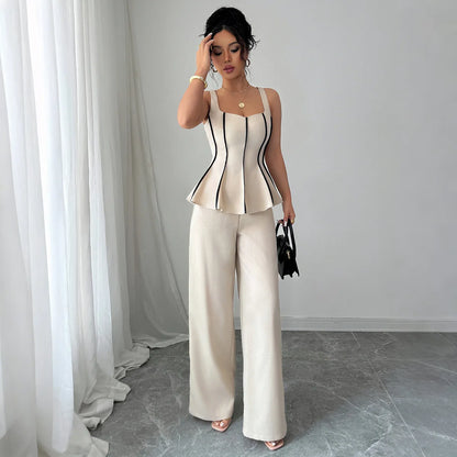 Two Piece Sets Women Pant Set Sleeveless Matching Sets Ruffles Tops Y2k Streetwear Elegant Work Wide Leg Long Pants High Waist.