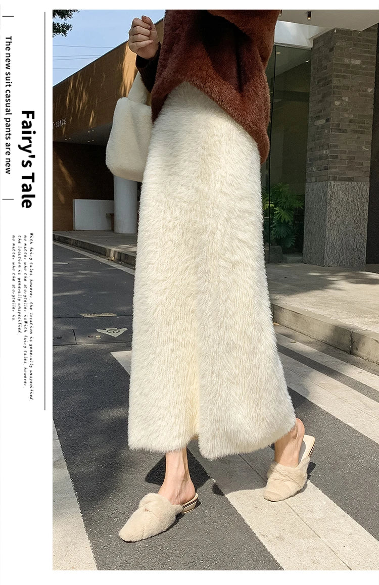 Autumn Winter New Knit Long Skirt Women Casual Thick Korean High Waist Soft A-Line Skirt.