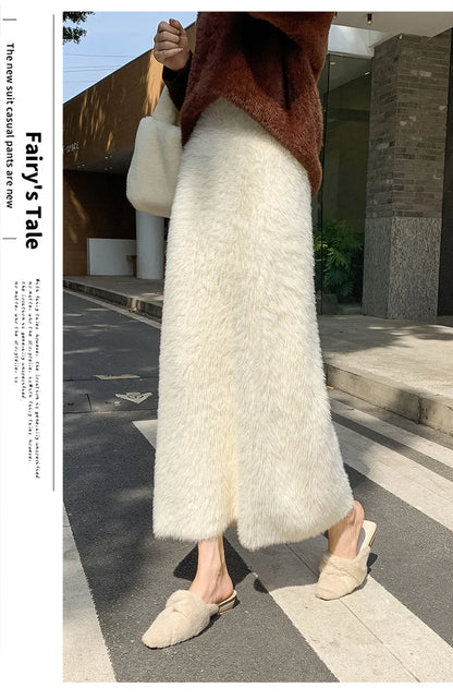 Autumn Winter New Knit Long Skirt Women Casual Thick Korean High Waist Soft A-Line Skirt.