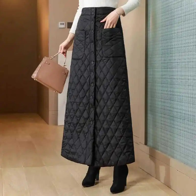 Women Winter Skirt Windproof Warm Down Cotton Skirt High Waist Quilted Cotton Padded Skirts Office Lady Elegant Skirt