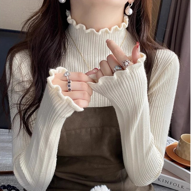 2025 Autumn Winter Women Half Turtleneck Fashion Wooden Ear Pullover Knitted Tops Long Sleeve O Neck Slim Warm Sweater Female.