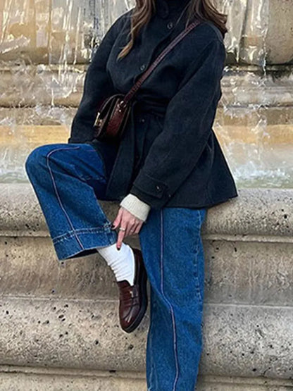 Winter warme Schnürung Damen mantel einfarbig Vintage Einreiher Mantel Mode Herbst Damen jacken neue Retro-Oberbekleidung.