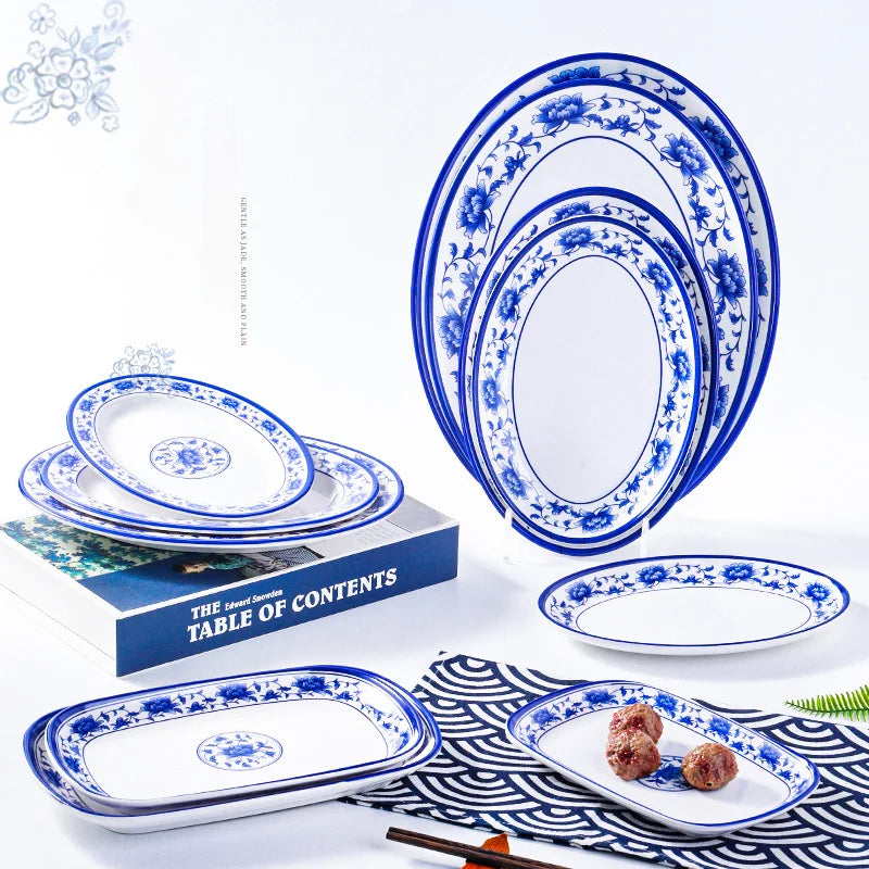 Melamine Chinese Style Blue and White Porcelain Tableware Creative Oval Dinner Plate.