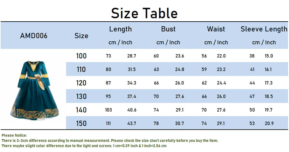 Girls Merida Cosplay Princess Dress Children Stage Performance Clothes Kids Halloween Carnival Party Long Sleeves Outfits.