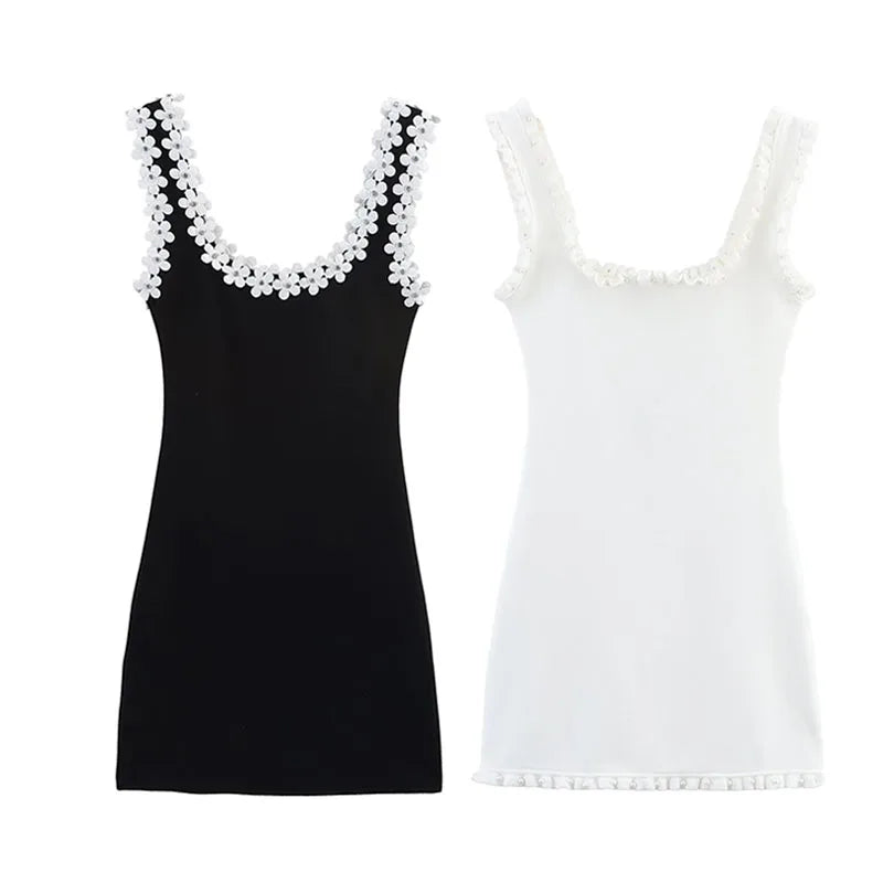 TRAFZA Weibliches Sommer-Sexy-dünnes Kleid, 2-farbig, fester quadratischer Kragen, ärmellos, rückenfrei, Blumendekoration, Damenmode-Kleider.