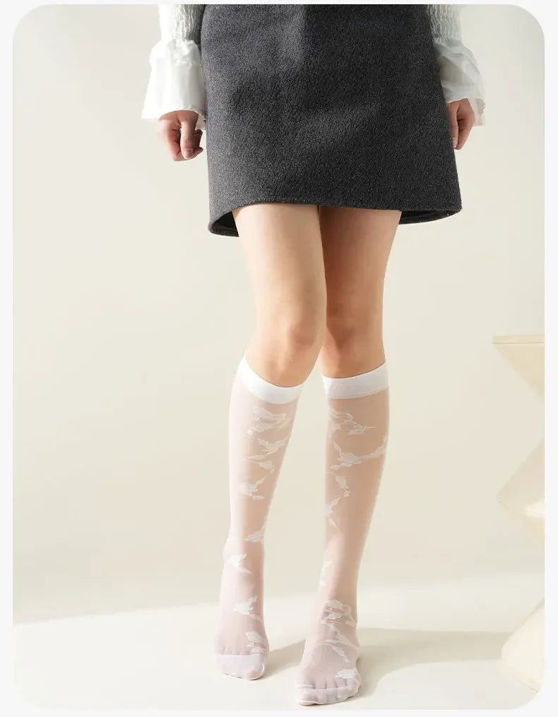 Women's Mid-calf Thin Transparent Stockings Summer Leggings Pure Desire Style Black White Color Half-Transparent Long Tube Socks