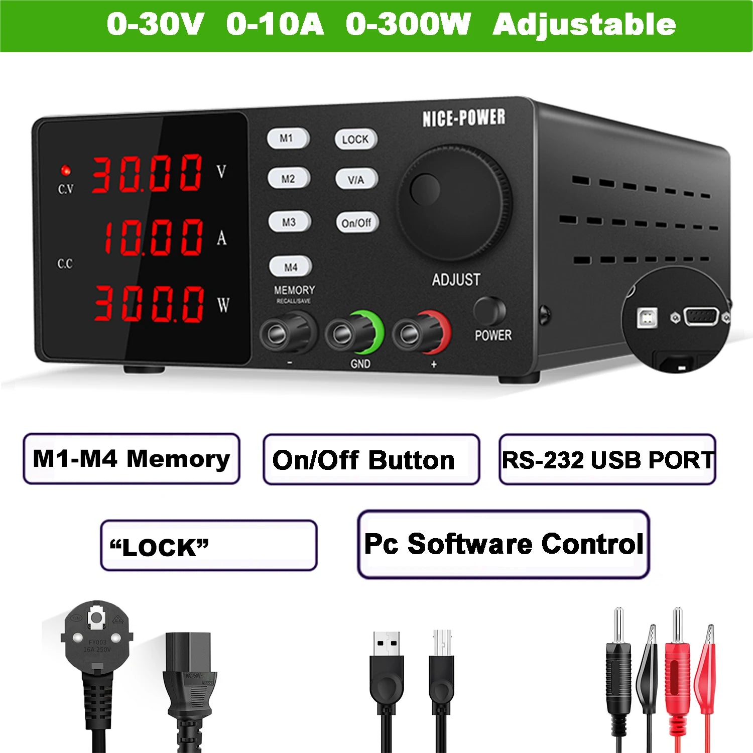 NICE-POWER DC Lab Power Supply 30V 10A 5A Adjustable Power Source For Phone Repairing RS232 USB PC Software Control Data Memory.