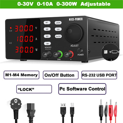 NICE-POWER DC Lab Power Supply 30V 10A 5A Adjustable Power Source For Phone Repairing RS232 USB PC Software Control Data Memory.