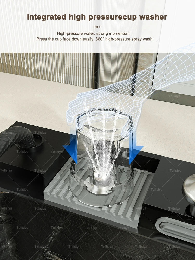 Küchenspüle aus Edelstahl mit Wasserfall, Einzelschüssel, Digitalanzeige, extra großer Schlitz, multifunktionale Waschbecken