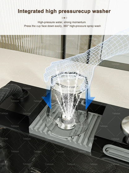 Küchenspüle aus Edelstahl mit Wasserfall, Einzelschüssel, Digitalanzeige, extra großer Schlitz, multifunktionale Waschbecken