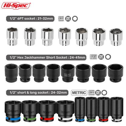 Hi-Spec 1/2" Drive Impact Socket Set Impact Wrench Sockets Cr-mo Hex Sockets CR-V  Handwerkzeuge zum Entfernen großer Innensechskantmutter