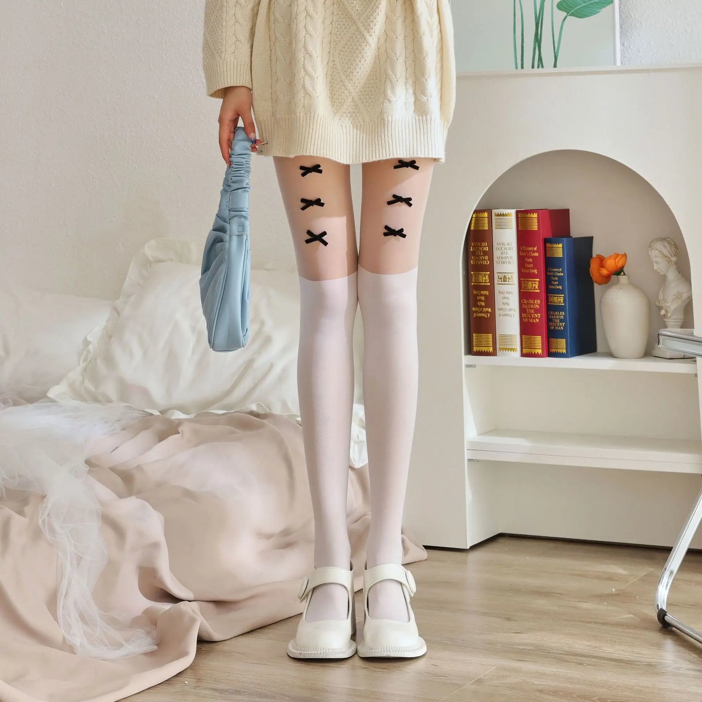 Handmade Velvet Stockings Swan Velvet Patchwork Fake Thigh Pantyhose Multiple Butterfly Knots White Silk Leggings.