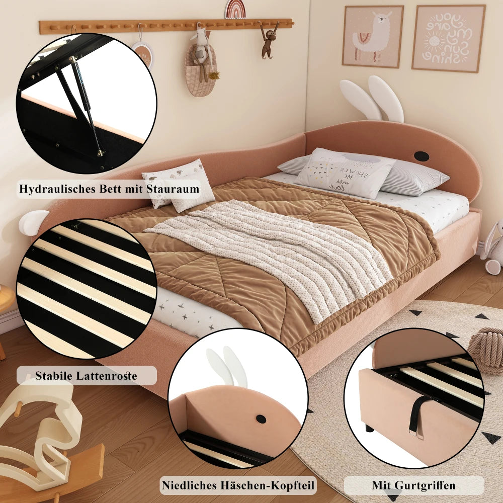 Polsterbett, Einzelbett, Babybett, niedlicher Hasenkopf, hydraulisches Bett mit Stauraum, erhöhter weicher Zaun, Samt, rosa + weiß, 90 x 200 cm