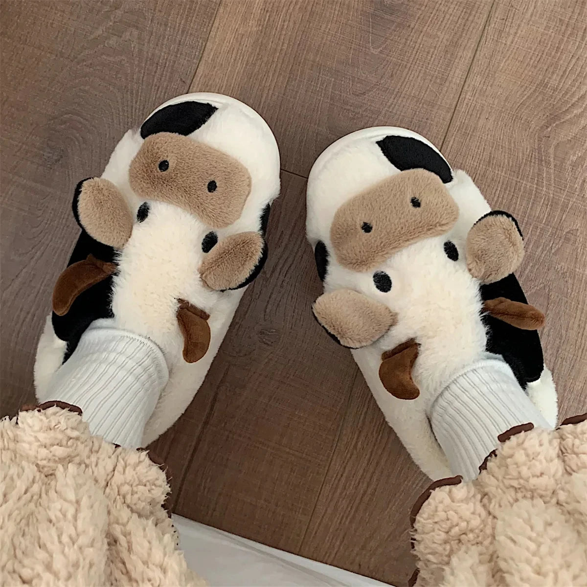 Shevalues Plush Cartoon Milk Cow Slippers Winter Women Slippers Furry Non-Slips Women Cotton Slides Couples Soft Cozy Flat Shoes.
