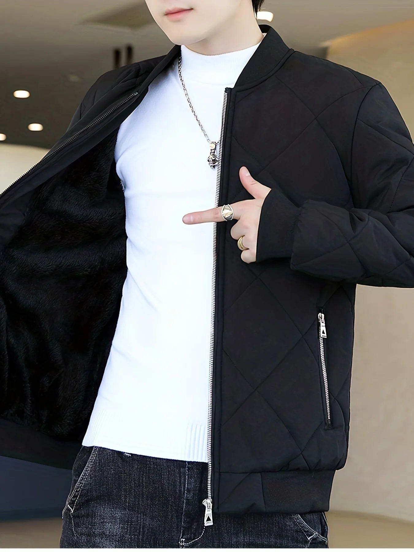 Solid Color Sherpa Jacket, Men's Casual Fleece Lined Baseball Regular Fit College Hipster Windbreaker.