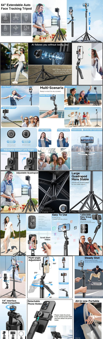 Auto Face Tracking Selfie Stick Tripod 360° Rotation for iPhone Camera 64" Extendable Auto Tracking Phone Holder Motion Tripod.