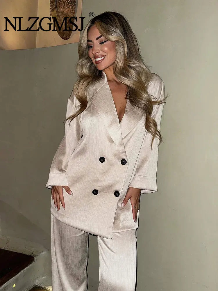 2024 Autumn Women Casual Blazer Coat Pants Set Long Sleeve Double Breasted Blazer + Wide Leg Trousers Lady Office Outfit.