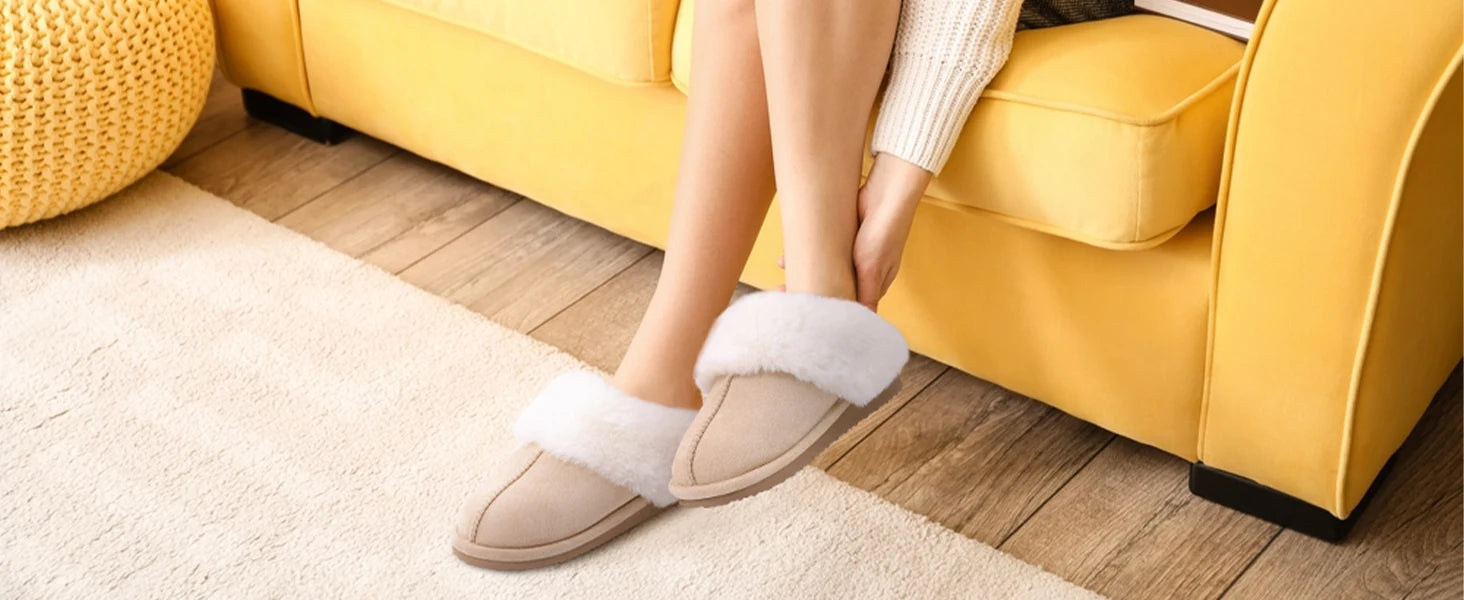 Evshine Winter Warm Memory Foam Slippers For Women Indoor Plush Home Shoes Fluffy Faux Fur Slippers Cozy Suede Furry Flat Slides.