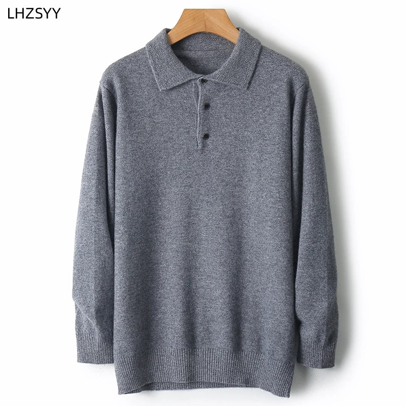 LHZSYY 100%Merino Wool Hot Cardigans Men Lapel Pullover Long Sleeve POLO Neck Sweaters Loose Tops Knit Clothing Large Size Shirt.
