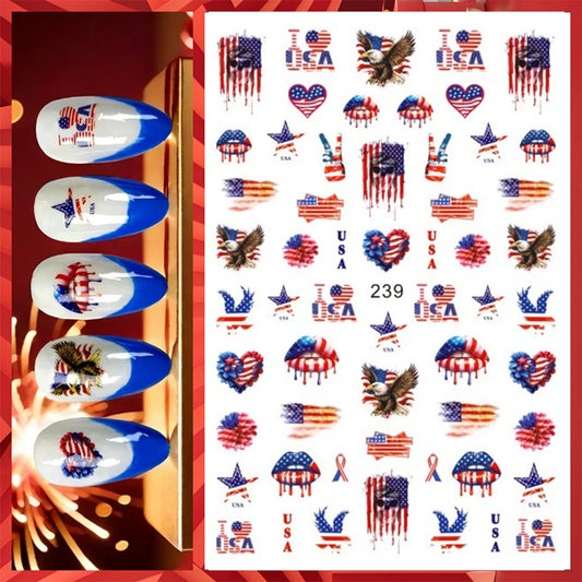 8Pcs/Set 3D USA Independence Day Nail Stickers America Flags Design Self-Adhesive Nail Art Decals DIY Manicure Decor Sliders &#.