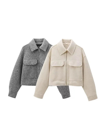 TRZA-Kurzjacke mit Taschen für Damen, Langarmmantel, Reißverschluss vorne, Damenoberbekleidung, schicke Oberteile, Mode.