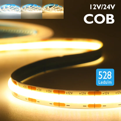 DC12 24V COB LED Strip Light 528Leds/m Flexible Tape Ribbon High Density Linear Lighting 3000-6500K RA90 Led Lights Room Decor.