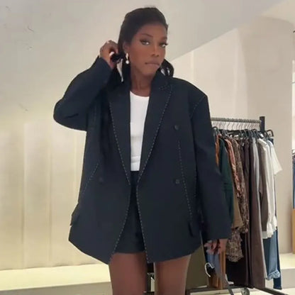 Fashion Line Suit Jackets Pants Sets Women Loose Lapel Double Breasted Blazer Pleated Wide Leg Pant 2025 Autumn Lady Office Suit.