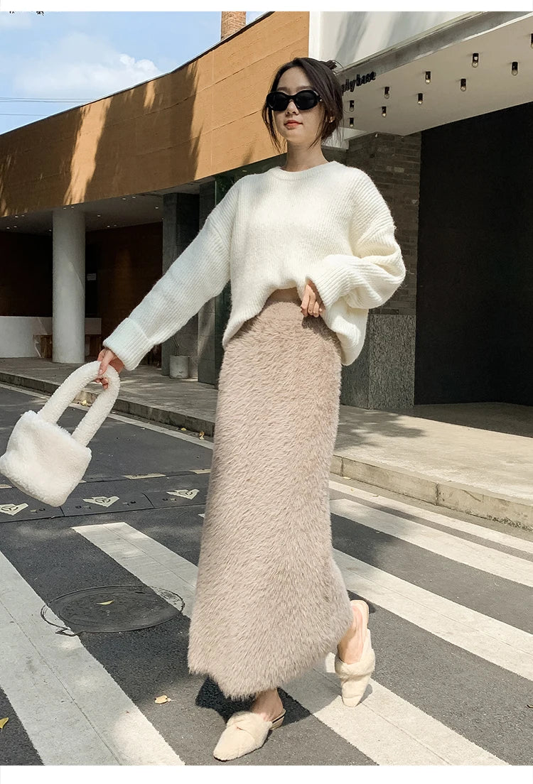 Autumn Winter New Knit Long Skirt Women Casual Thick Korean High Waist Soft A-Line Skirt.