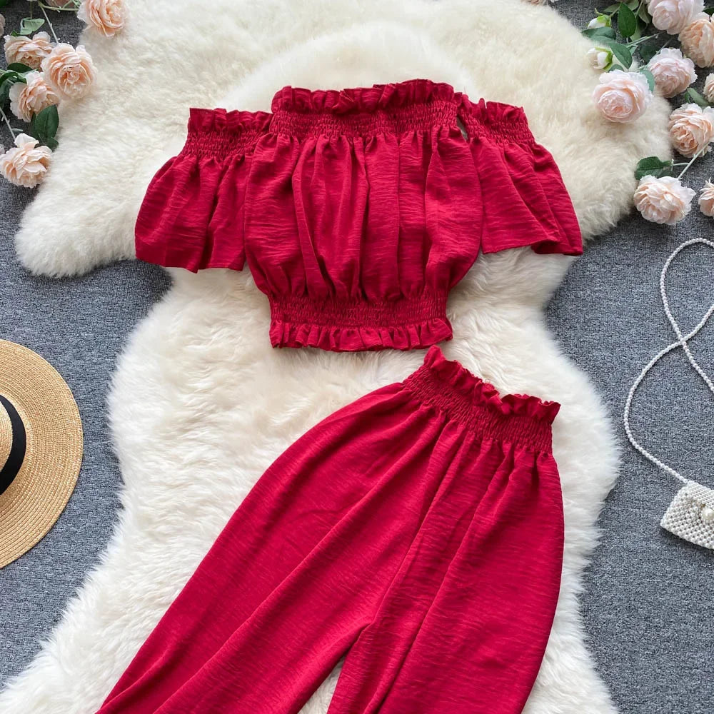 2024 Summer Green/Black/Red Two Piece Set Women Sexy Slash Neck Short Tops + High Waist Wide Leg Pants Female Suit New.