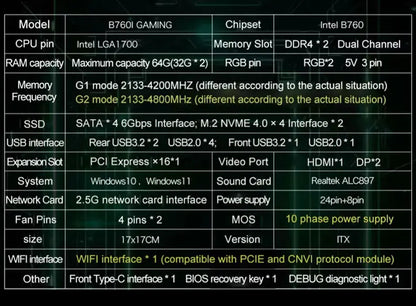 JGINYUE B760i Motherboard LGA 1700 Support Intel Core 12th 13th DDR4 3200mhz RAM Latest mini itx B760i-GAMING.