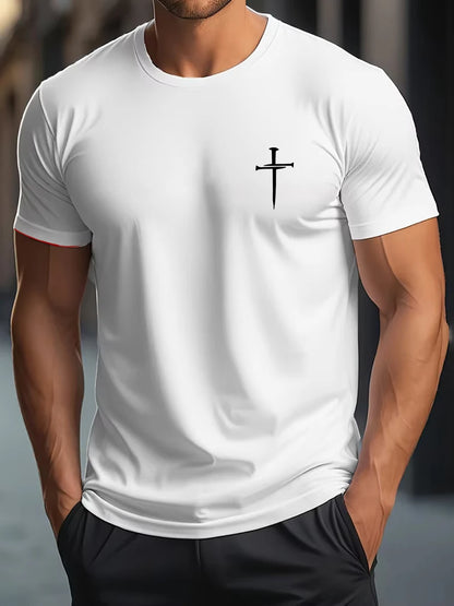 Men's Summer 100% Cotton Fashionable Casual Loose Large Size Faith Cross Printed Round Neck Short Sleeve T-shirt Top.