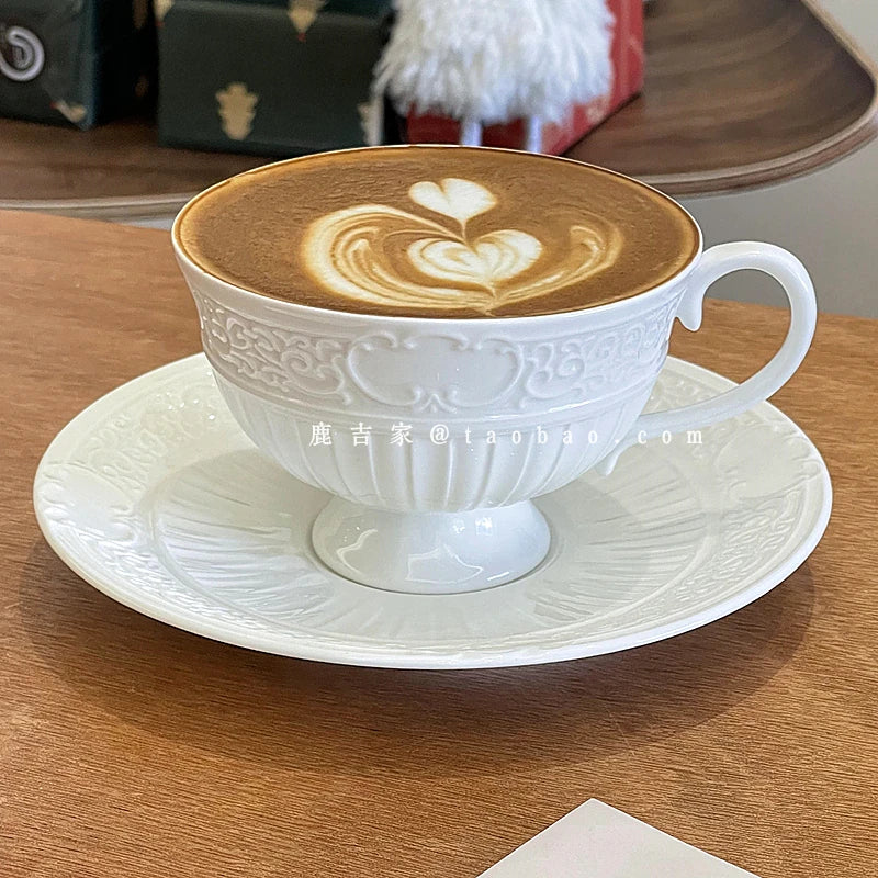 French Retro Relief Flower Cup and Dish Set, Ceramic Coffee Cup, Afternoon Tea Latte Cup, Artistic Home Decoration, Holiday Gift.