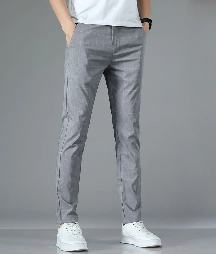 Male Suit Trousers Check Cooling Ice Silk Plaid Straight Up Clothes Offer Slacks Designer Men's Summer Pants Fabric 2025 Classic.