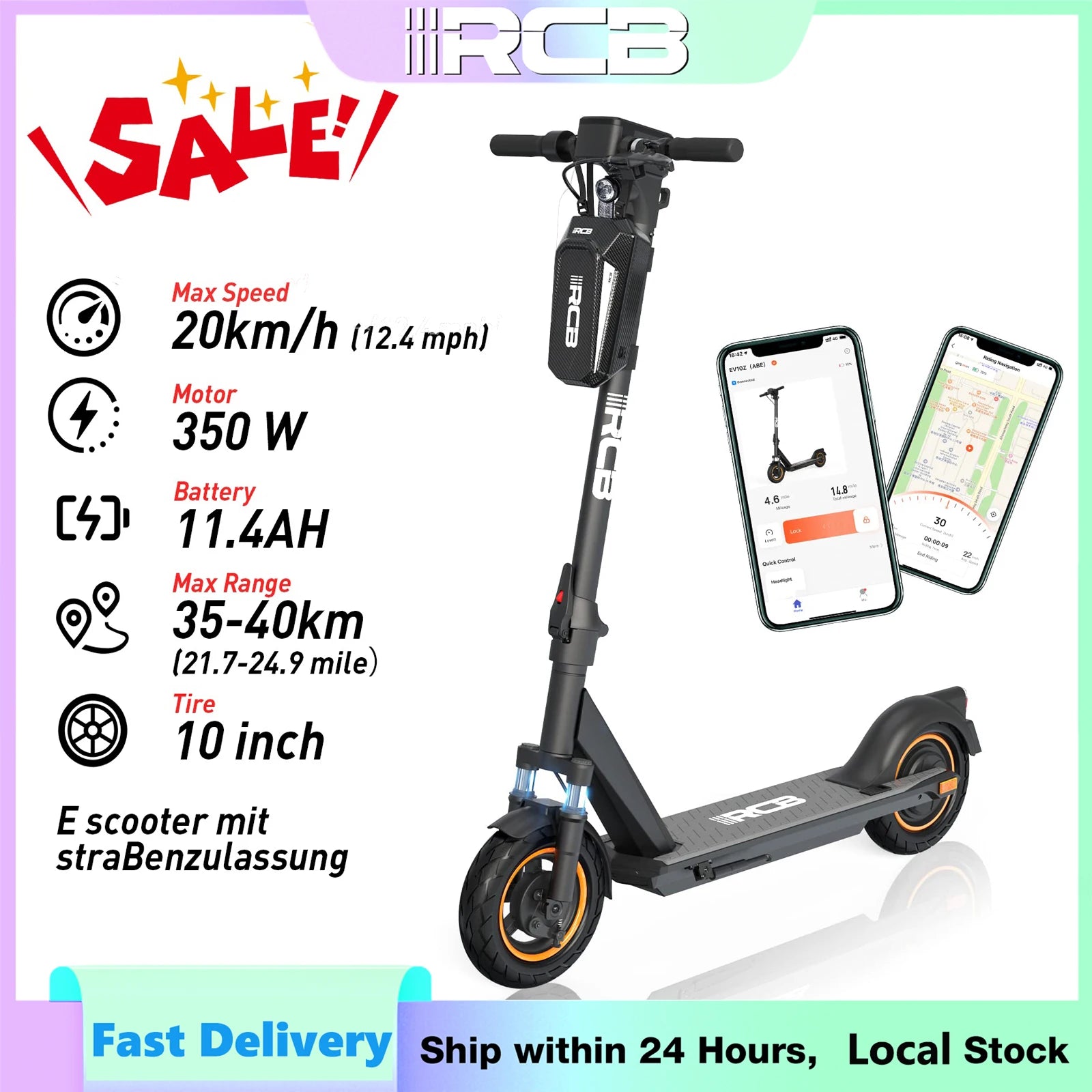 RCB 350W Foldable Electric Scooter for Adult ABE, Double Brake Waterproof Body E-Scooter, 10in Honeycomb Tires 120kg Capacity.