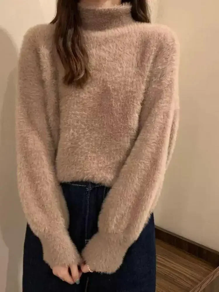 2025 frauen Gestrickte Tops Winter Imitieren Nerz Wolle Heißer Fleece Weibliche Rollkragen Elastische Beiläufige Pullover Weiche Warme Pullover.