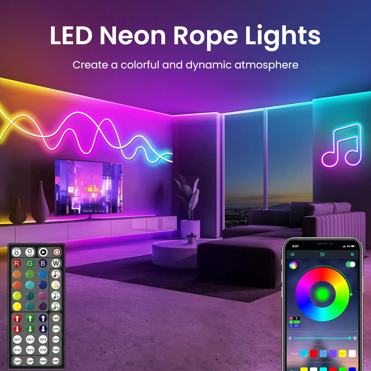 LED-Neon-Lichterkette mit App/Fernbedienung, 24 V, Musik-Synchronisierung, wasserdicht, flexibel, DIY-Design, RGB-Streifenlichter für Schlafzimmerparty.