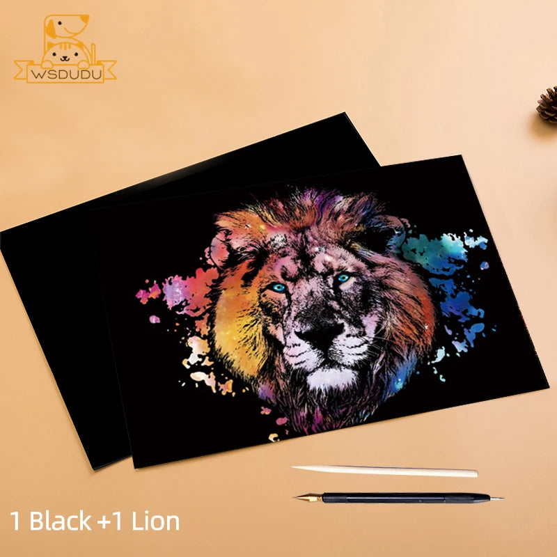 2 Sheets Animal Scratch Art Paper Set with Stylus DIY Rainbow Craft Lion Unicorn Cat Dog Painting Toy Creative Kids Adults Gift