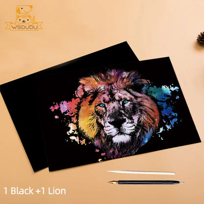 2 Sheets Animal Scratch Art Paper Set with Stylus DIY Rainbow Craft Lion Unicorn Cat Dog Painting Toy Creative Kids Adults Gift