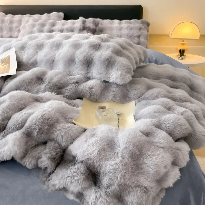 4pcs Grey Rabbit Fur Bedding Set Thick Milk Plush Winter Duvet Cover Warm Bed Sheets, Queen Size Four Piece Set  Bedroom Decor