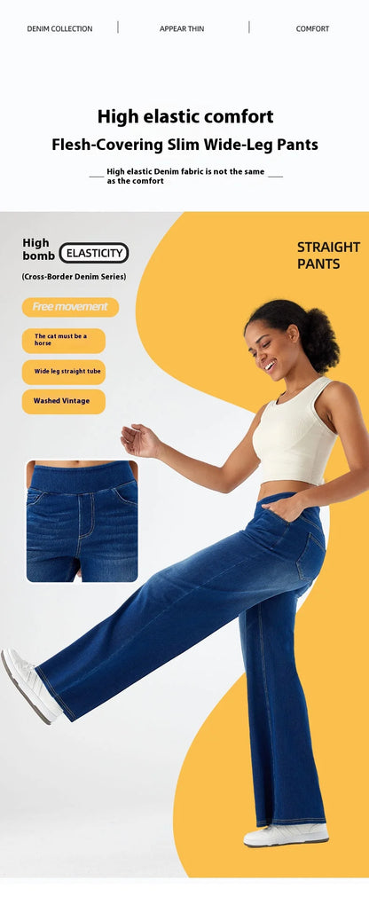 Women's New Large Size Denim Wide-Legged Trousers American High-Waisted Thin Straight Loose Casual Trousers Casual Jeans.