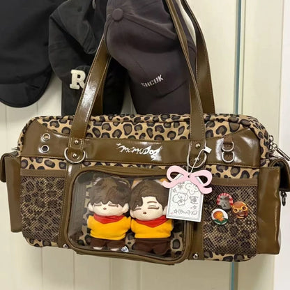 New Y2k Leopard Ita Shoulder Bag Lolita Girls Transparent Tote Bag Womens Large Capacity Crossbody Bag Cute DIY Display Handbags.