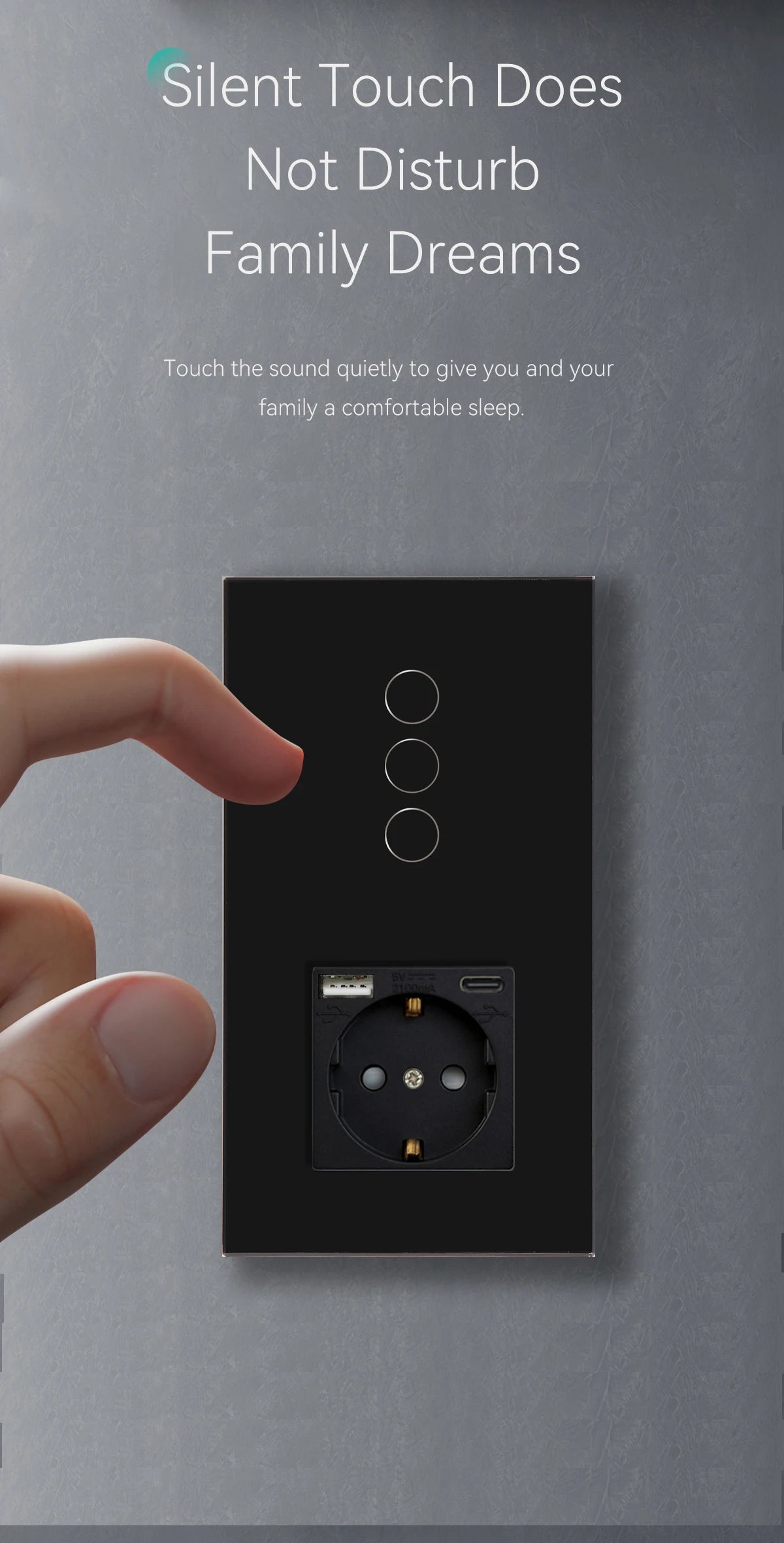 BSEED Touch-Lichtschalter mit EU-USB-Steckdosen, schwarze Wand-LED-Schalter, 1/2/3 Gang, 1-Wege-Kristall, dunkelblaue Hintergrundbeleuchtung, Wandschalter.