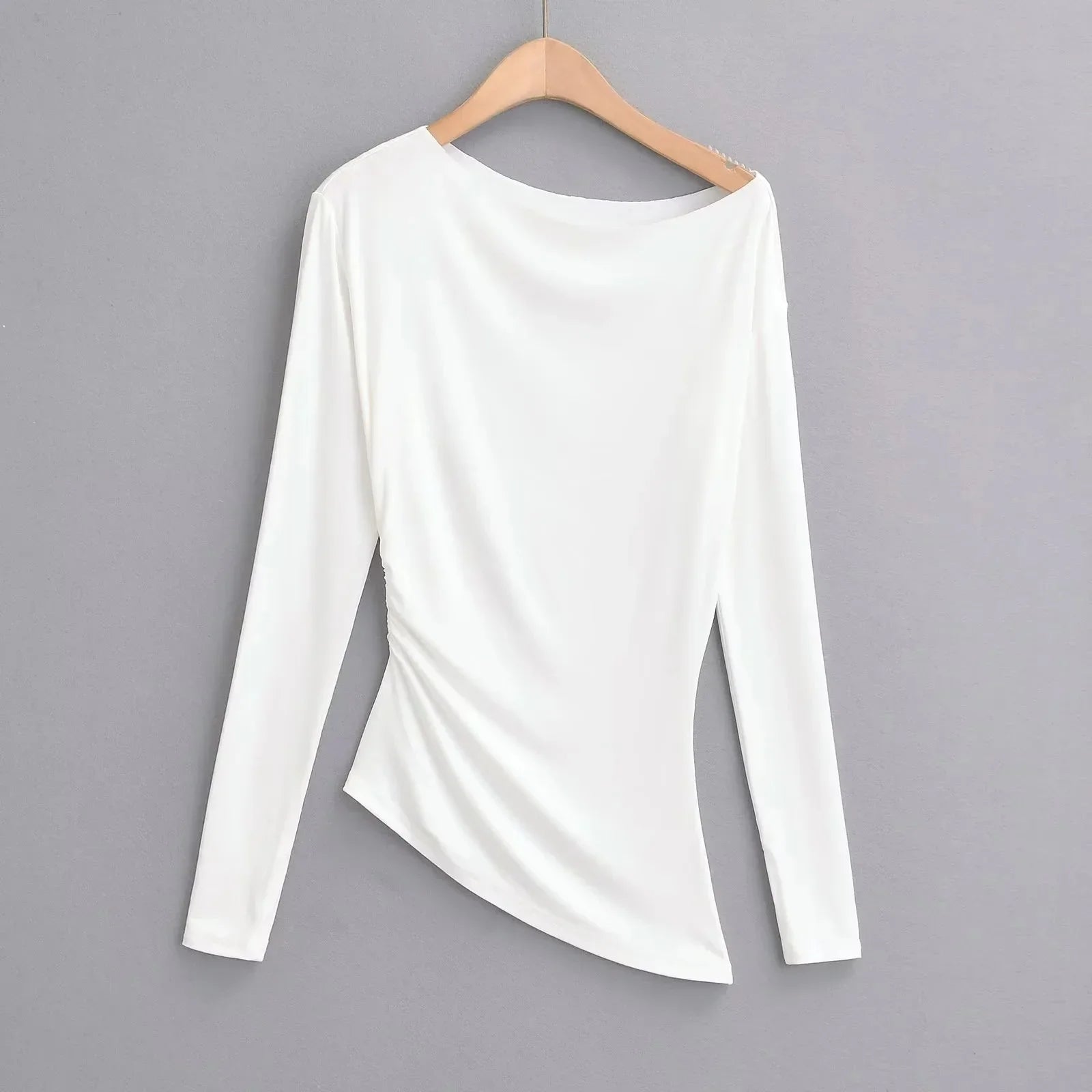 Long Sleeve One Shoulder T-Shirt Zhang Lu Si Spicy Girl Pleated Slimming Versatile Top Cotton Made in China Full Sleeve.