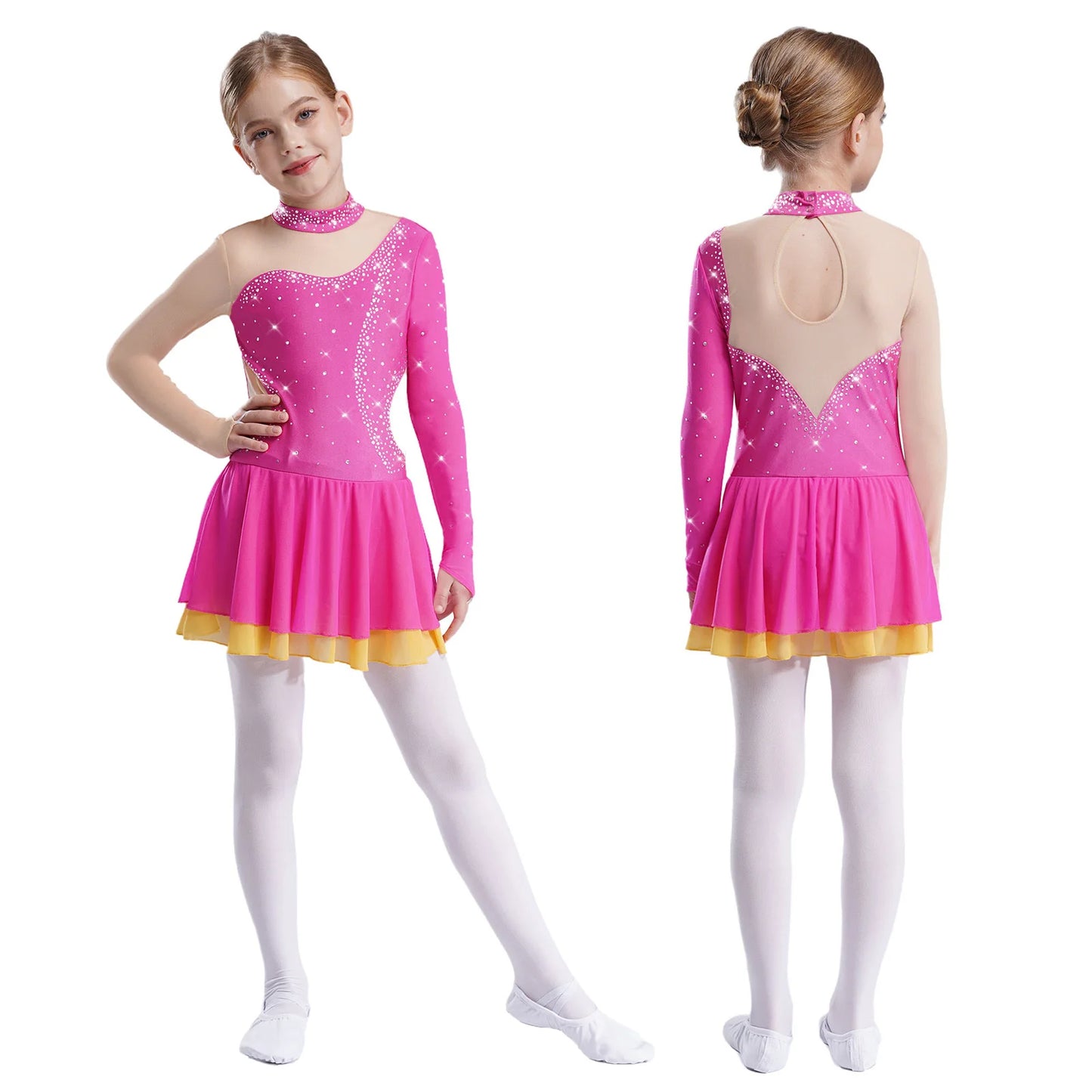 Kinder Mädchen Eiskunstlauf Kleid Lyrical Ballett Tanz Rhythmische Gymnastik Leistung Kostüm Langarm Strass Trikot