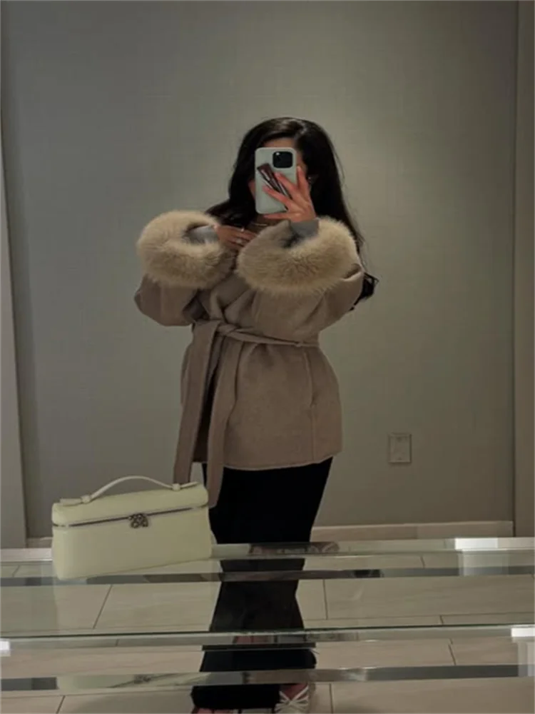 Frauen Mäntel Elegante Revers Plüsch Mit Gürtel Faux Pelz Hülse Tweed Offenen Mantel Weibliche 2025, Herbst Winter Mode Dame streetwear.