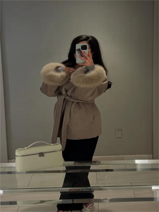 Frauen Mäntel Elegante Revers Plüsch Mit Gürtel Faux Pelz Hülse Tweed Offenen Mantel Weibliche 2025, Herbst Winter Mode Dame streetwear.