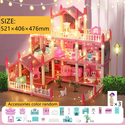 Girls Toddler Doll House - Large Doll House with 4 Dolls, Furniture, Accessories, LED Lights, 4 Stories Princess Dream House Toy