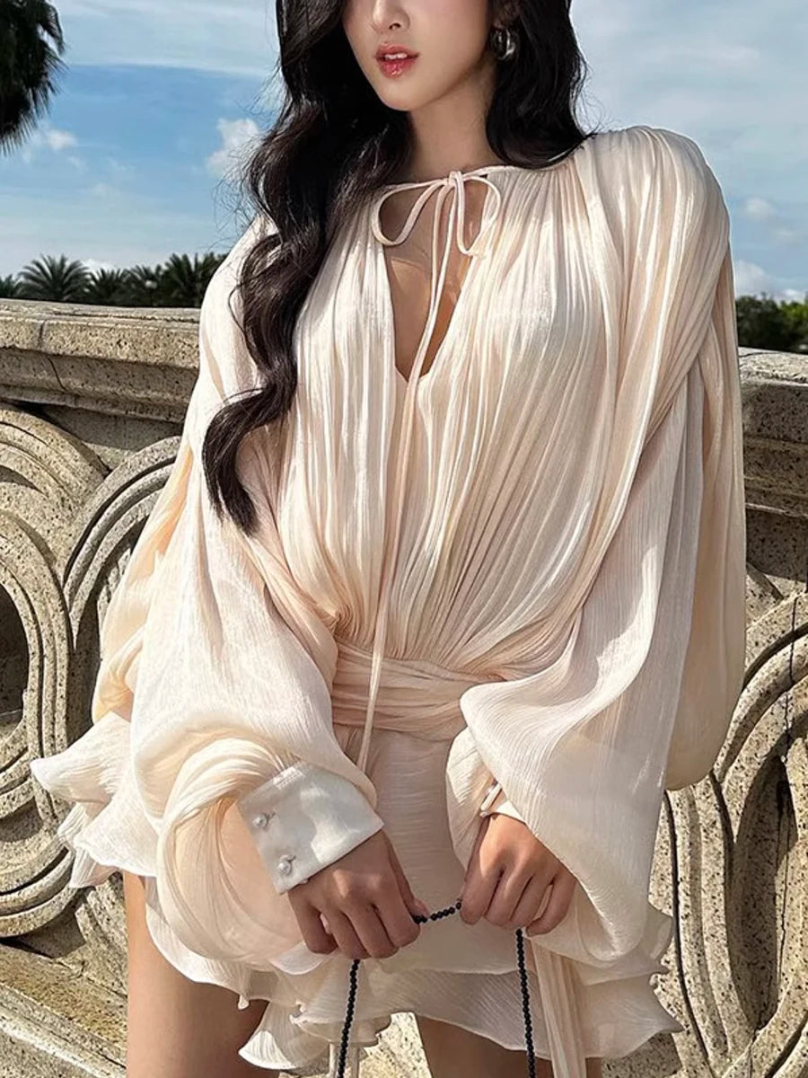 GALCAUR Solide Lose Splicd Lace Up Kleider Für Frauen V-ausschnitt Mit Langen Ärmeln Patchwork Rüschen Tunika Kleider Weibliche Mode Neue.